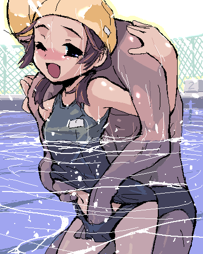 kurusu tatsuya, original, bad id, bad pixiv id, lowres, protected link, 1boy, 1girl, :d, age difference, black male swimwear, black swim briefs, blue eyes, blush, brown hair, chain-link fence, fence, fingering, grabbing from behind, hand under clothes, hand under swimsuit, hetero, male swimwear, male swimwear pull, oekaki, old school swimsuit, one-piece swimsuit, one eye closed, open mouth, outdoors, pool, reach-around, school swimsuit, school swimsuit flap, sex, smile, solo focus, swim briefs, swim briefs pull, swim cap, swimsuit, torogao, underwater, underwater sex, wink