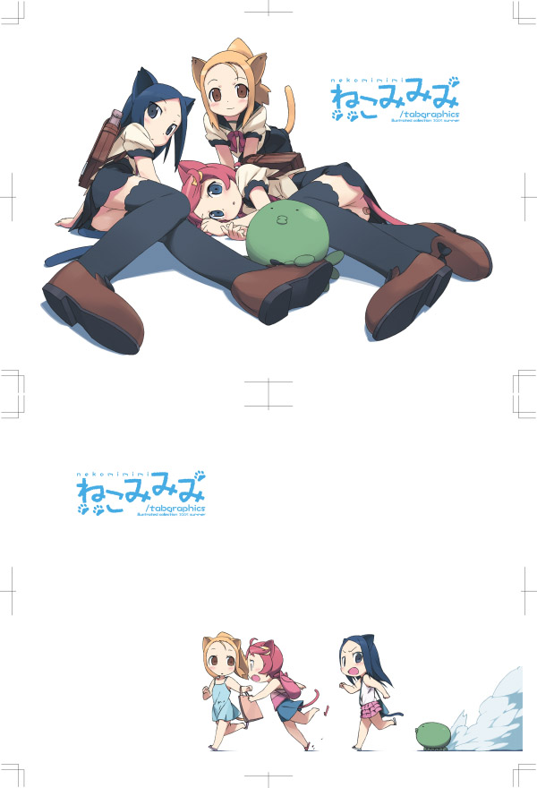 kanzaki hiro, tabgraphics, animal ears, backpack, bag, bandaid, black thighhighs, blonde hair, blue hair, cat ears, cat tail, chibi, legs, pink hair, randoseru, school uniform, serafuku, tail, thighhighs
