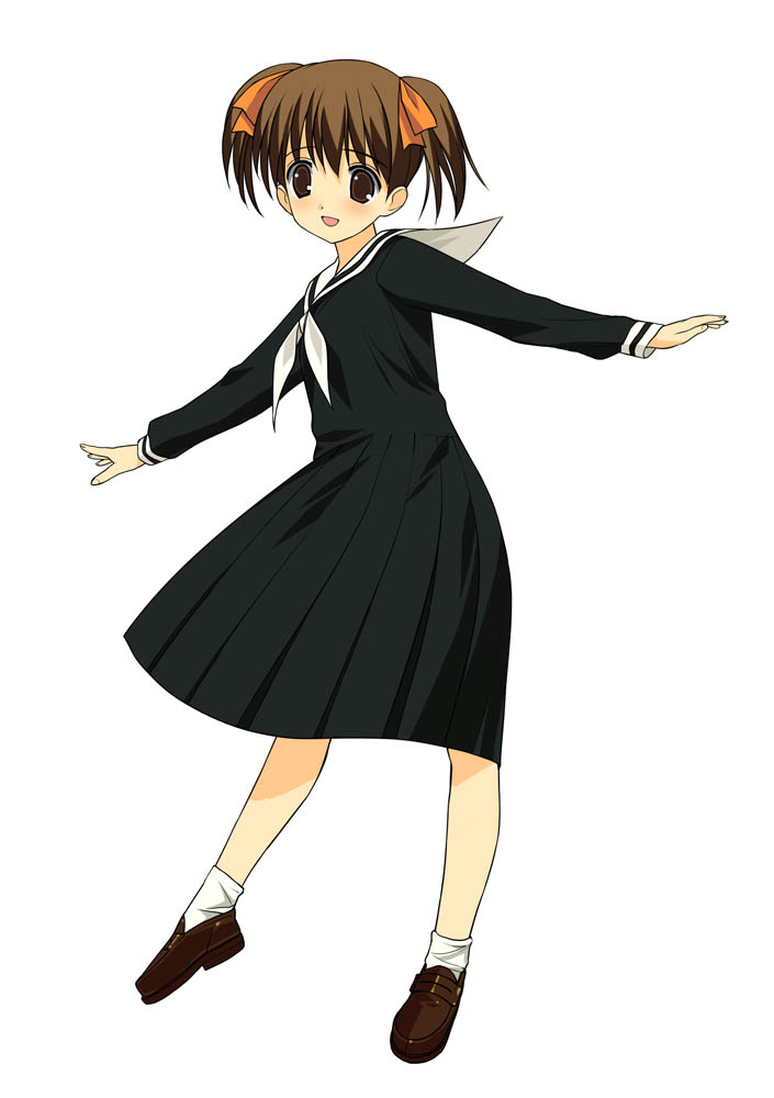 a1 (initial-g), fukuzawa yumi, maria-sama ga miteru, 00s, 1girl, black dress, brown eyes, brown hair, dress, female focus, full body, loafers, outstretched arms, shoes, short hair, short twintails, simple background, smile, socks, solo, spread arms, standing, twintails, white background