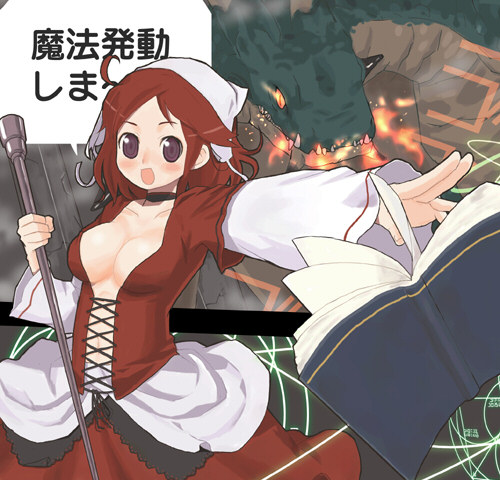 yuu (uminashiken), lowres, translation request, 1girl, ahoge, blush, bonnet, book, breasts, brown eyes, cleavage, dragon, dress, fantasy, female focus, fire, large breasts, magic, red hair, solo, staff