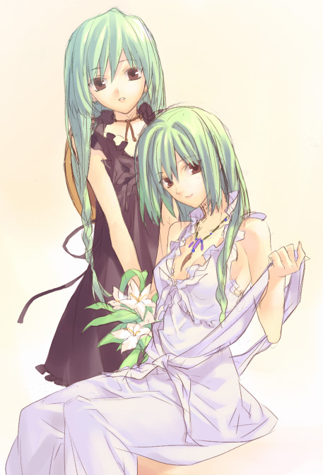 engo (mongo), sonozaki akane, sonozaki mion, higurashi no naku koro ni, 00s, 2girls, alternate eye color, alternate hairstyle, bare shoulders, black dress, bouquet, braid, brown eyes, dress, flower, green hair, hat, jewelry, light smile, lily (flower), long hair, looking at viewer, mature female, mother and daughter, multiple girls, necklace, parted lips, simple background, sitting, smile, white dress