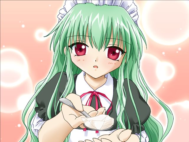 vanilla h, broccoli (company), galaxy angel, game cg, 00s, 1girl, female focus, green hair, hair down, holding, holding spoon, incoming food, maid, ribbon, solo, spoon
