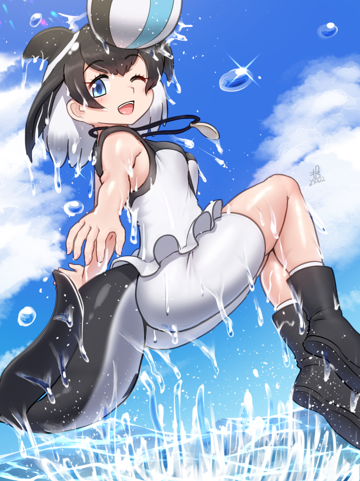 mo23, commerson's dolphin (kemono friends), kemono friends, highres, 1girl, ball, bare arms, bare shoulders, beachball, black boots, black one-piece swimsuit, blue eyes, blush, boots, cetacean tail, dolphin girl, dorsal fin, fins, fish tail, frilled one-piece swimsuit, frills, head fins, jewelry, looking at viewer, necklace, one-piece swimsuit, one eye closed, open mouth, shell, shell necklace, sleeveless, smile, socks, solo, splashing, swimsuit, tail, two-tone one-piece swimsuit, water, white one-piece swimsuit, white socks