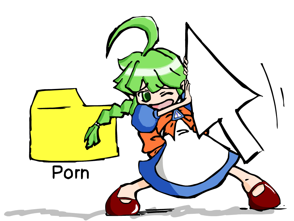 me-tan, os-tan, 1girl, ahoge, braid, cursor, female focus, folder, green eyes, green hair, matching hair/eyes, one eye closed, red shoes, shoes, solo, wink