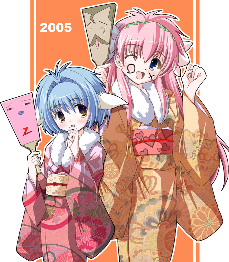 shinshin, milfeulle sakuraba, mint blancmanche, normad, broccoli (company), galaxy angel, 00s, 2005, 2girls, blue hair, drawing on another's face, hagoita, hanetsuki, japanese clothes, kimono, multiple girls, new year, obi, one eye closed, open mouth, paddle, pink hair, sash, short hair