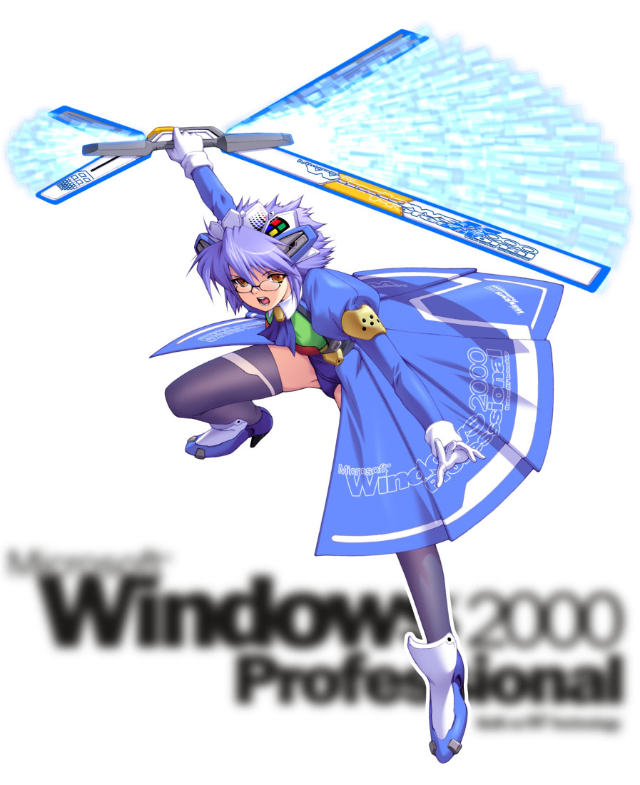 2k-tan, os-tan, 1girl, ankle boots, ascot, blue hair, boots, coat, energy, female focus, full body, glasses, gloves, hand fan, looking at viewer, open mouth, overcoat, puffy sleeves, school swimsuit, serious, short hair, solo, swimsuit, thighhighs, weapon, yellow eyes