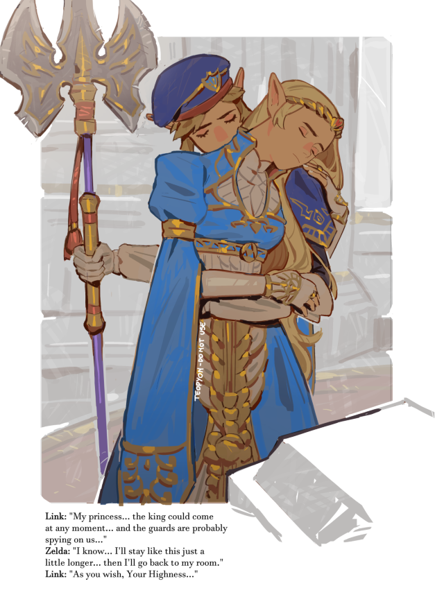 pyonteo, link, princess zelda, nintendo, the legend of zelda, the legend of zelda: breath of the wild, the legend of zelda: tears of the kingdom, 1boy, 1girl, arm around waist, artist name, beret, blonde hair, blue dress, blue hat, border, breasts, closed eyes, couple, cowboy shot, dress, english text, gloves, gold trim, hat, hetero, holding, holding polearm, holding weapon, long hair, medium breasts, military hat, military uniform, parted bangs, pointy ears, polearm, royal guard set (zelda), sidelocks, tiara, weapon, white border, white gloves