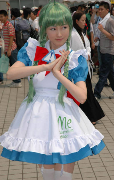 me-tan, os-tan, cosplay photo, photo (medium), !, 1girl, braid, cosplay, garter straps, green hair, long hair, solo focus, thighhighs, twin braids, white thighhighs, zettai ryouiki