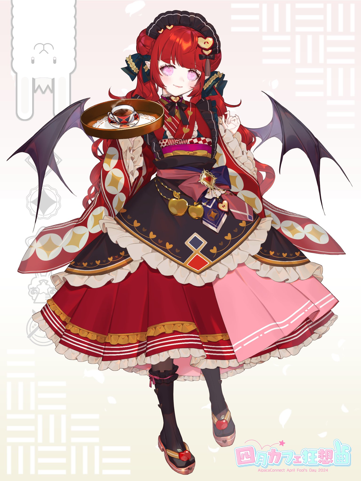 shichimi, highres, 1girl, alpaca, alpaca connect, apple, apple hair ornament, apple slice, apron, bat wings, black apron, black choker, black pantyhose, black ribbon, black socks, black wings, blue bow, blunt bangs, blush, bow, choker, closed mouth, copyright name, cup, demon girl, demon wings, doily, double bun, dress, food, food-themed hair ornament, frilled apron, frilled bow, frilled choker, frilled dress, frilled sleeves, frilled socks, frills, fruit, fruit brooch, full body, gradient background, hair bow, hair bun, hair ornament, hands up, heart, heart print, holding, holding tray, japanese clothes, kimono, kimono skirt, long hair, long sleeves, looking at viewer, low twintails, maid, maid apron, maid headdress, medium dress, neck ribbon, obi, obiage, pantyhose, pink background, pink bow, pink eyes, pink pupils, pleated dress, red dress, red hair, red kimono, ribbon, sandals, sash, saucer, shippou (pattern), smile, socks, solo, standing, tassel, tassel hair ornament, tea, teacup, tray, twintails, two-tone bow, wa maid, waist bow, wallet chain, wavy hair, wide sleeves, wings, yellow background, zouri