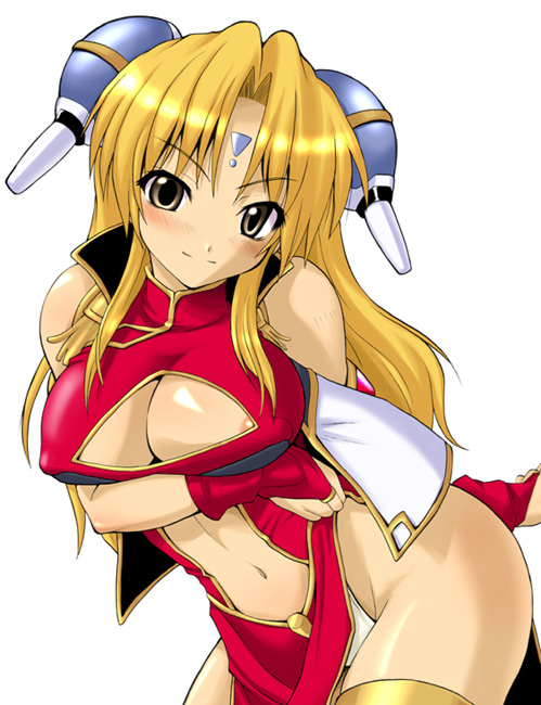 ranpha franboise, broccoli (company), galaxy angel, breast hold, 00s, 1girl, areola slip, arm behind back, ass, bad anatomy, bare shoulders, blonde hair, blush, breasts, bridal gauntlets, china dress, chinese clothes, cleavage cutout, clothing cutout, covered erect nipples, dress, facial mark, female focus, forehead mark, groin, hair ornament, hairpods, halterneck, head tilt, high collar, highleg, highleg panties, jewelry, large breasts, leaning forward, long hair, looking at viewer, midriff, navel, navel cutout, no bra, panties, pantyshot, parted bangs, pelvic curtain, red dress, seductive smile, side slit, sidelocks, simple background, sleeveless, smile, solo, standing, thighlet, turtleneck, underwear, white background, white panties, yellow eyes