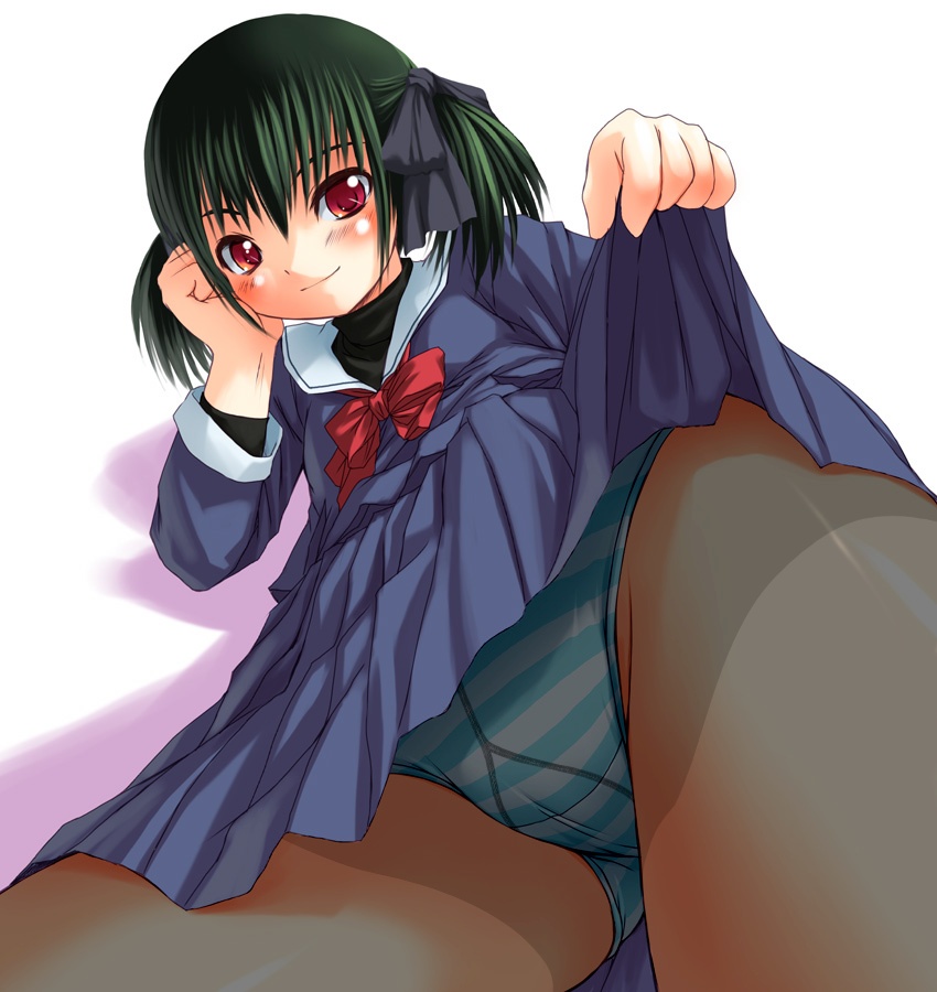 bosshi, yu (bosshi), original, 1girl, clothes lift, female focus, gusset, head rest, lifting own clothes, loli, panties, panties under pantyhose, pantyhose, pantyshot, pleated skirt, red eyes, school uniform, serafuku, skirt, skirt lift, solo, standing, striped clothes, striped panties, underwear, upskirt