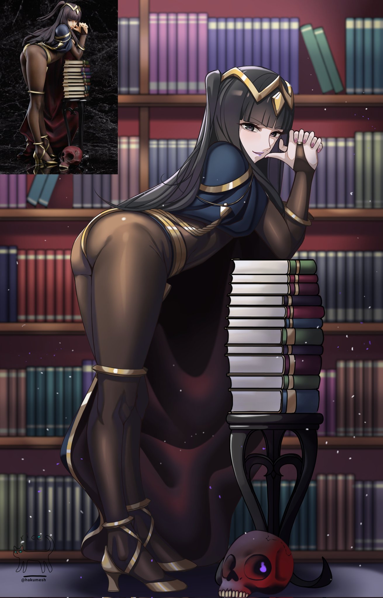 zikade, tharja (fire emblem), fire emblem, fire emblem awakening, nintendo, commentary, commission, english commentary, highres, photo-referenced, 1girl, ass, black eyes, black hair, blunt bangs, bodystocking, book, bookshelf, bridal gauntlets, circlet, fire, gold trim, indoors, jewelry, long hair, looking at viewer, photo inset, pile of books, purple fire, skull, solo, twitter username, two side up