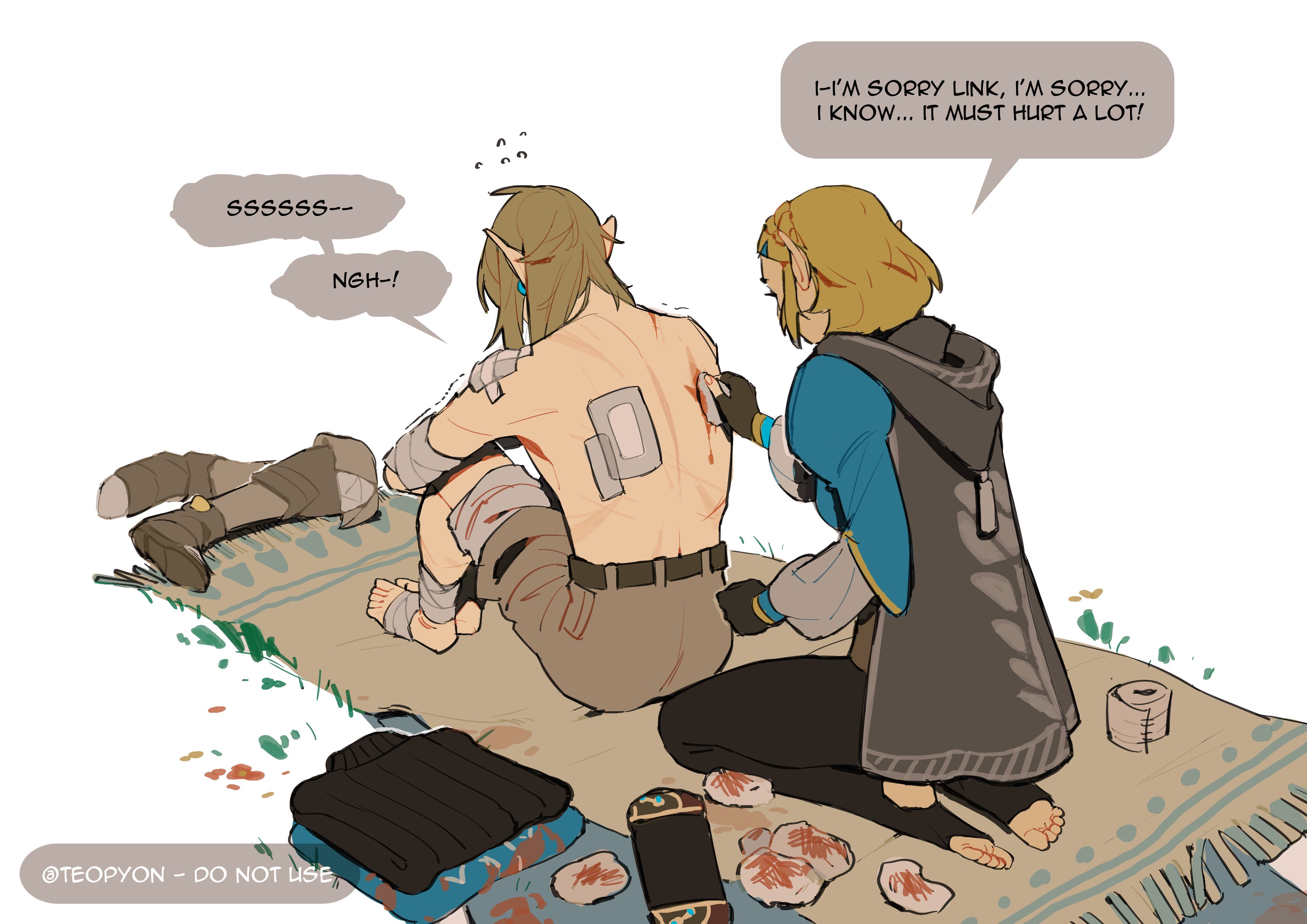 pyonteo, link, princess zelda, nintendo, the legend of zelda, the legend of zelda: breath of the wild, the legend of zelda: tears of the kingdom, absurdres, highres, 1boy, 1girl, bandaged arm, bandaged foot, bandaged leg, bandaged torso, bandages, bandaid, bandaid on shoulder, barefoot, black gloves, black pants, blue shirt, braid, breasts, crown braid, earrings, english text, fingerless gloves, folded clothes, full body, gauze, gloves, gold trim, grey cloak, grey pants, hair ornament, hairclip, hand on wound, healing, holding cloth, hugging own legs, injury, jewelry, juliet sleeves, kneeling, long hair, long sleeves, medium breasts, no shoes, pants, parted bangs, pointy ears, puffy sleeves, rug, shirt, short hair, sidelocks, sitting, toeless legwear, topless male, twintails, white background