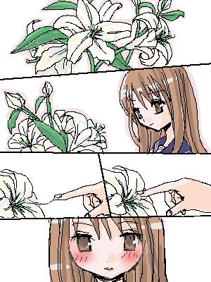 original, lowres, 1girl, blush, brown eyes, brown hair, comic, cum, cum string, female focus, flower, lily (flower), oekaki, silent comic, solo