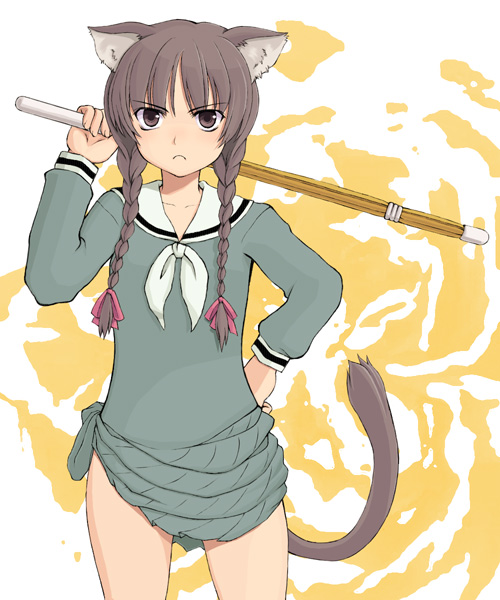 chaccu, shimazu yoshino, maria-sama ga miteru, 00s, 1girl, animal ears, braid, brown eyes, brown hair, cat ears, cat tail, female focus, frown, hair over shoulder, hand on own hip, long sleeves, school uniform, serafuku, shinai, solo, sword, tail, twin braids, weapon, wooden sword