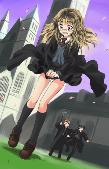 harry potter, hermione granger, ron weasley, harry potter (series), wizarding world, 1girl, 2boys, alternate eye color, black socks, blue eyes, blush, brown hair, clothes lift, dress shirt, kneehighs, long hair, multiple boys, necktie, panties, pleated skirt, school uniform, serafuku, shirt, shoes, skirt, skirt lift, socks, sweater vest, underwear, vest, wand, white panties, wind, wind lift