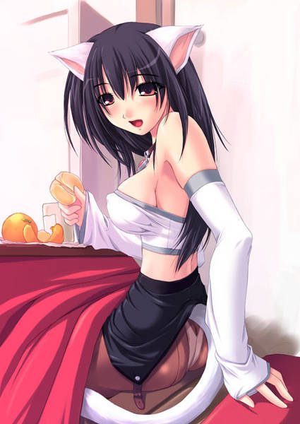 amei sumeru, 1girl, animal ears, back, bad anatomy, bandeau, bare shoulders, black hair, blush, breasts, cat ears, cat tail, clothes lift, collar, crotch seam, detached sleeves, female focus, food, fruit, kotatsu, long hair, looking back, mandarin orange, medium breasts, miniskirt, orange (fruit), panties, panties under pantyhose, pantyhose, poorly drawn, red eyes, sideboob, sitting, skirt, skirt lift, solo, strapless, table, tail, tube top, underwear, upskirt, white panties