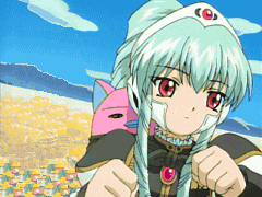 normad, vanilla h, broccoli (company), galaxy angel, animated, animated gif, anime screenshot, lowres, 00s, 1girl, clenched hand, cloud, dutch angle, female focus, flower, green hair, mountain, outdoors, red eyes, sky, solo