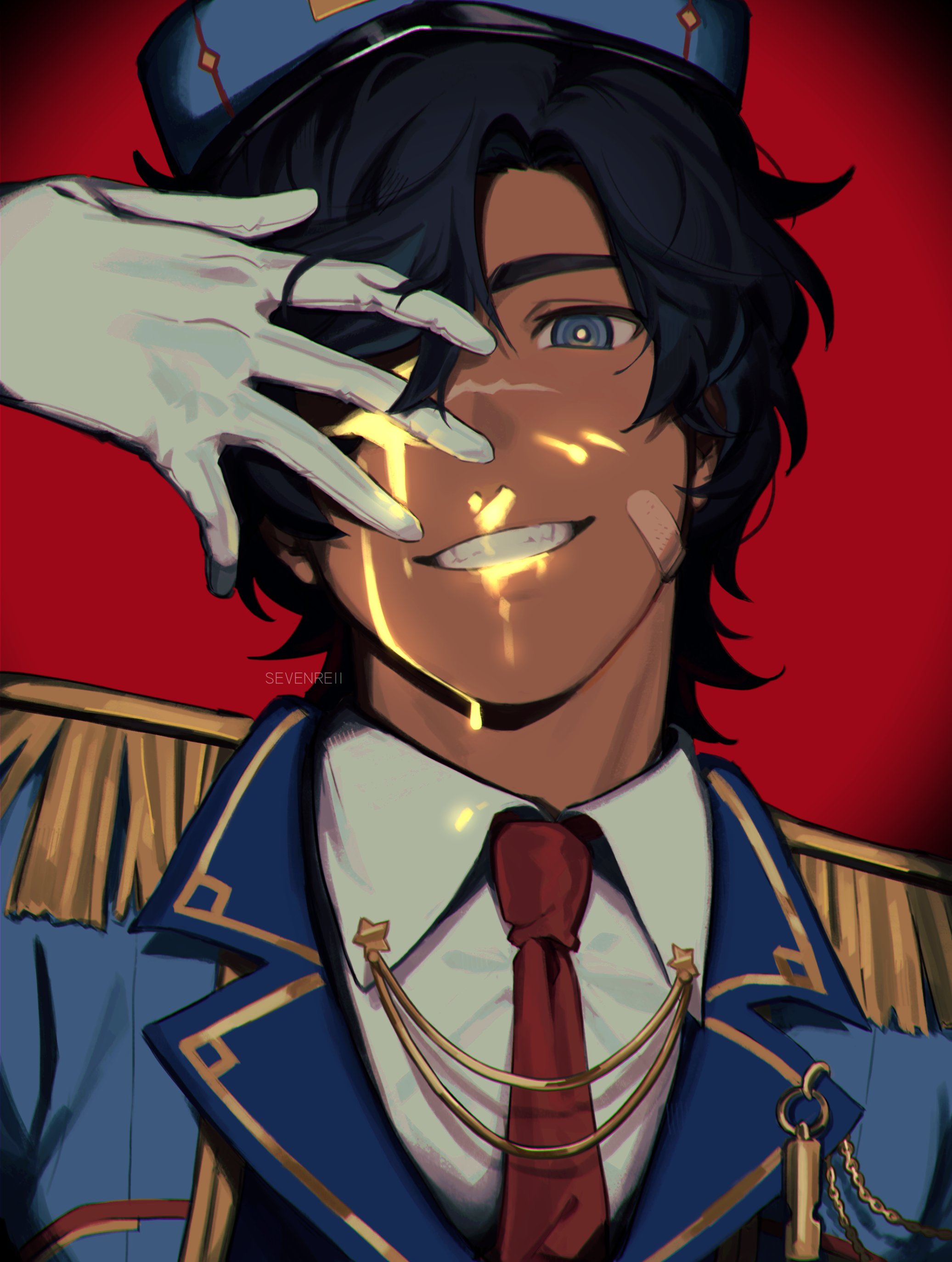 sevenreii, absurdres, character request, commission, copyright request, highres, 1boy, artist name, bandaid, bandaid on cheek, bandaid on face, black hair, blood, blood on face, blue eyes, blue hat, blue jacket, collared shirt, dark-skinned male, dark skin, epaulettes, fangs, gloves, gold blood, hair over one eye, hand up, hat, jacket, lapels, long sleeves, looking at viewer, male focus, necktie, nosebleed, red background, red necktie, scar, shirt, short hair, simple background, smile, solo, star (symbol), teeth, upper body, white gloves, white shirt, yellow pupils