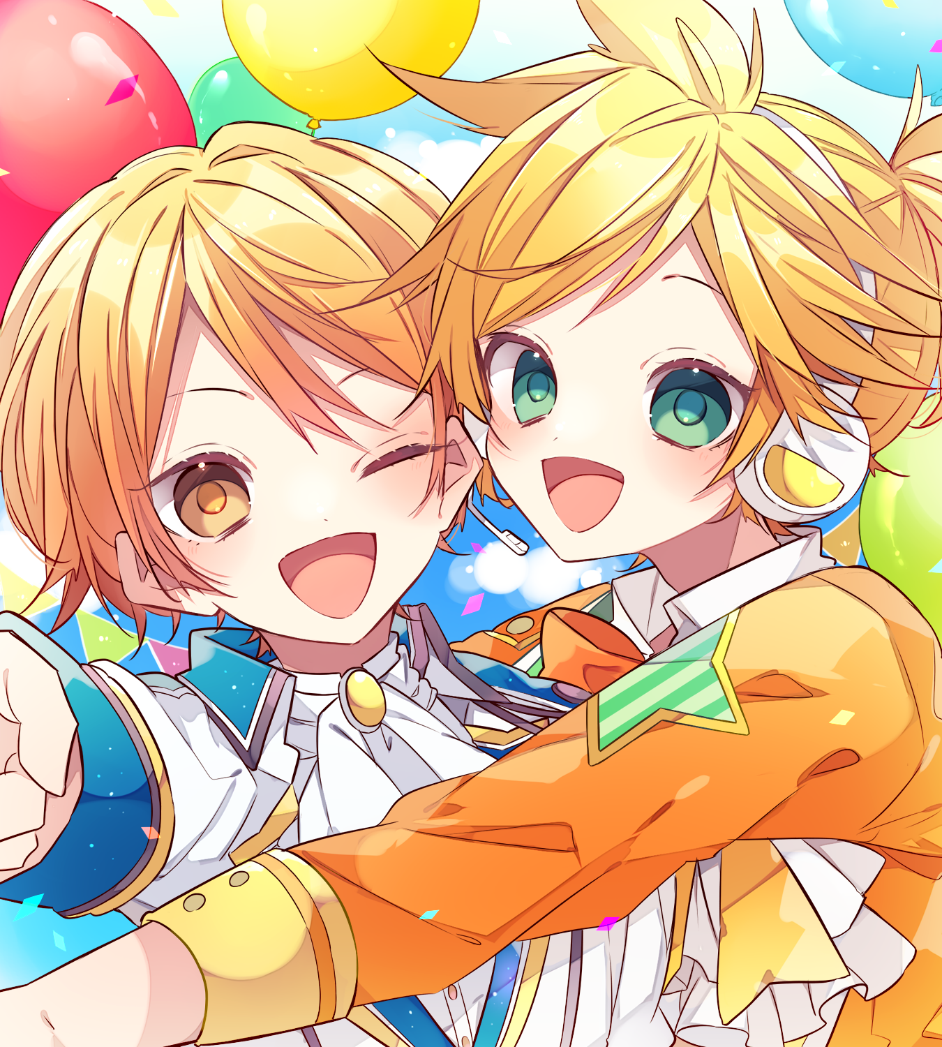kaho 0102, kagamine len, tenma tsukasa, wonderlands x showtime len, project sekai, vocaloid, commentary request, highres, 2boys, :d, ;d, ascot, balloon, blonde hair, blush, bow, bowtie, double-parted bangs, green eyes, headset, hug, jacket, long sleeves, male focus, multiple boys, one eye closed, open mouth, orange bow, orange bowtie, orange eyes, orange hair, orange jacket, parted bangs, short hair, smile, upper body, white ascot, white jacket