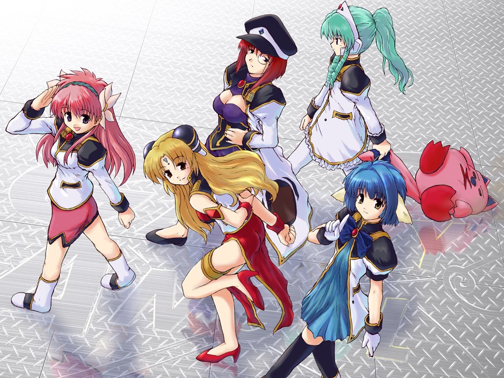 forte stollen, milfeulle sakuraba, mint blancmanche, normad, ranpha franboise, vanilla h, broccoli (company), galaxy angel, black legwear, white legwear, 00s, 5girls, animal ears, aqua hair, arms behind back, blonde hair, blue dress, blue hair, blue skirt, breasts, cleavage, cleavage cutout, clothing cutout, dress, drill hair, facial mark, gloves, hand on own hip, hat, high heels, jacket, jewelry, juliet sleeves, large breasts, long hair, long sleeves, looking to the side, medium breasts, monocle, monocle chain, multiple girls, pantyhose, peaked cap, pelvic curtain, pencil skirt, pink hair, ponytail, puffy sleeves, purple dress, red dress, red hair, short dress, short hair, side slit, skirt, smile, thighhighs, thighlet, wristband, zettai ryouiki