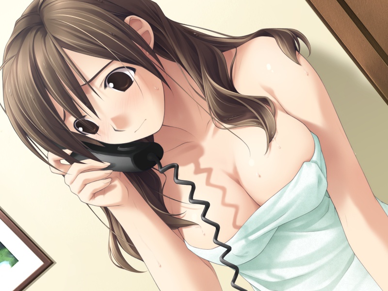 hashimoto takashi, kasuga yoshino, white breath, game cg, 1girl, blush, breasts, brown eyes, brown hair, cleavage, corded phone, covered erect nipples, female focus, impossible towel, large breasts, long hair, naked towel, phone, solo, talking on phone, towel, wet