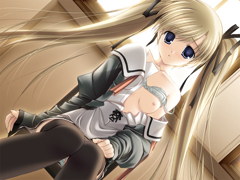 sakaki maki, hiiragi kurara, innocence pain, game cg, 1girl, :o, black thighhighs, blonde hair, blue eyes, blue panties, bra, bra lift, breast slip, breasts, chair, dress, dutch angle, female focus, flat chest, hair ribbon, jacket, lingerie, long sleeves, nipples, one breast out, open clothes, open shirt, panties, pantyshot, ribbon, school uniform, serafuku, shirt, shirt slip, sitting, solo, strap slip, striped clothes, striped panties, sunlight, thighhighs, twintails, underwear, upskirt, window