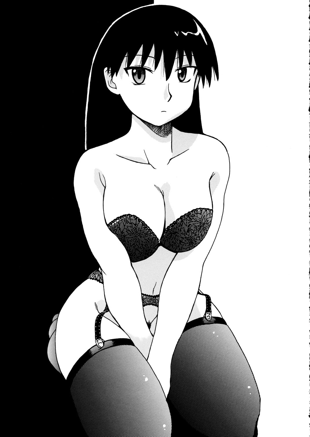 sakaki (azumanga daioh), azumanga daiou, highres, 1girl, bottomless, bra, female focus, female pubic hair, greyscale, lingerie, monochrome, no panties, pubic hair, solo, thighhighs, underwear