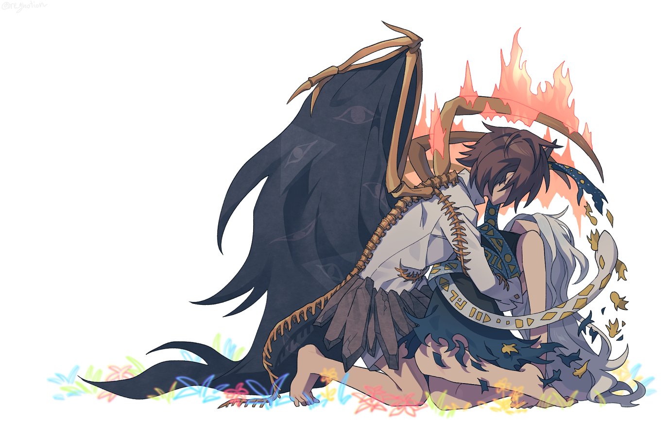 re ghotion, iwanaga ariya, yuiman asama, touhou, commentary request, 2girls, bare shoulders, barefoot, black dress, black wings, brown hair, collared shirt, dress, eye print, facing away, fiery wings, grey hair, grey ribbon, grey shirt, grey skirt, hands on another's waist, kneeling, long hair, long sleeves, multiple girls, rock, shirt, short hair, simple background, skeletal wings, skirt, sleeveless, sleeveless dress, snake, spine, white background, wings