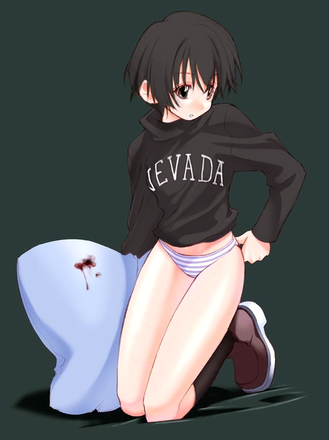kurogane ken, nevada-tan, 1girl, animification, black eyes, black hair, blood, brown shoes, female focus, kneehighs, knife, loli, long sleeves, no pants, panties, real life insert, shoes, short hair, socks, solo, striped clothes, striped panties, underwear
