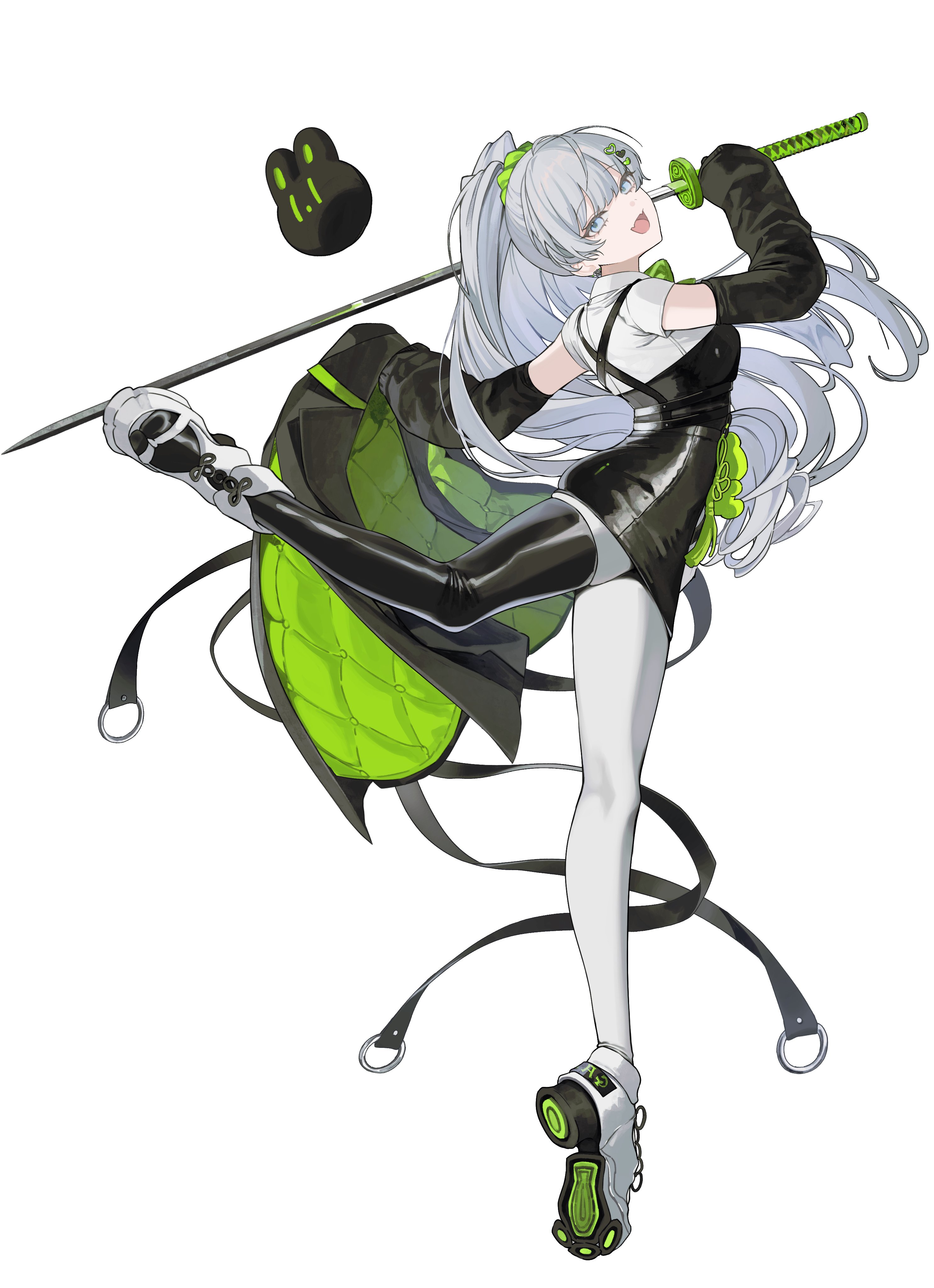 daimaou ruaeru, original, absurdres, commentary request, highres, 1girl, asymmetrical legwear, belt, black belt, black dress, black thighhighs, blue eyes, detached sleeves, dress, earrings, fangs, flip-flops, from side, full body, green scrunchie, grey hair, hair ornament, hair scrunchie, heart, heart hair ornament, high ponytail, holding, holding sword, holding unworn jacket, holding weapon, jacket, jewelry, katana, leg up, long hair, looking to the side, mismatched legwear, open mouth, pantyhose, ponytail, sandals, scrunchie, shirt under dress, shoe soles, simple background, single thighhigh, skin fangs, solo, split ponytail, sword, tachi-e, tassel, thighhighs, thighhighs over pantyhose, toe socks, two-sided fabric, two-sided jacket, very long hair, weapon, white background, white pantyhose