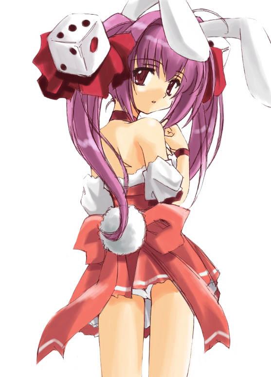 umekichi, usada hikaru, di gi charat, 1girl, animal ears, back, bow, choker, dice, female focus, from behind, hair ribbon, large bow, loli, long hair, looking back, panties, pantyshot, purple eyes, purple hair, rabbit ears, rabbit girl, ribbon, solo, standing, twintails, underwear, upskirt, white panties