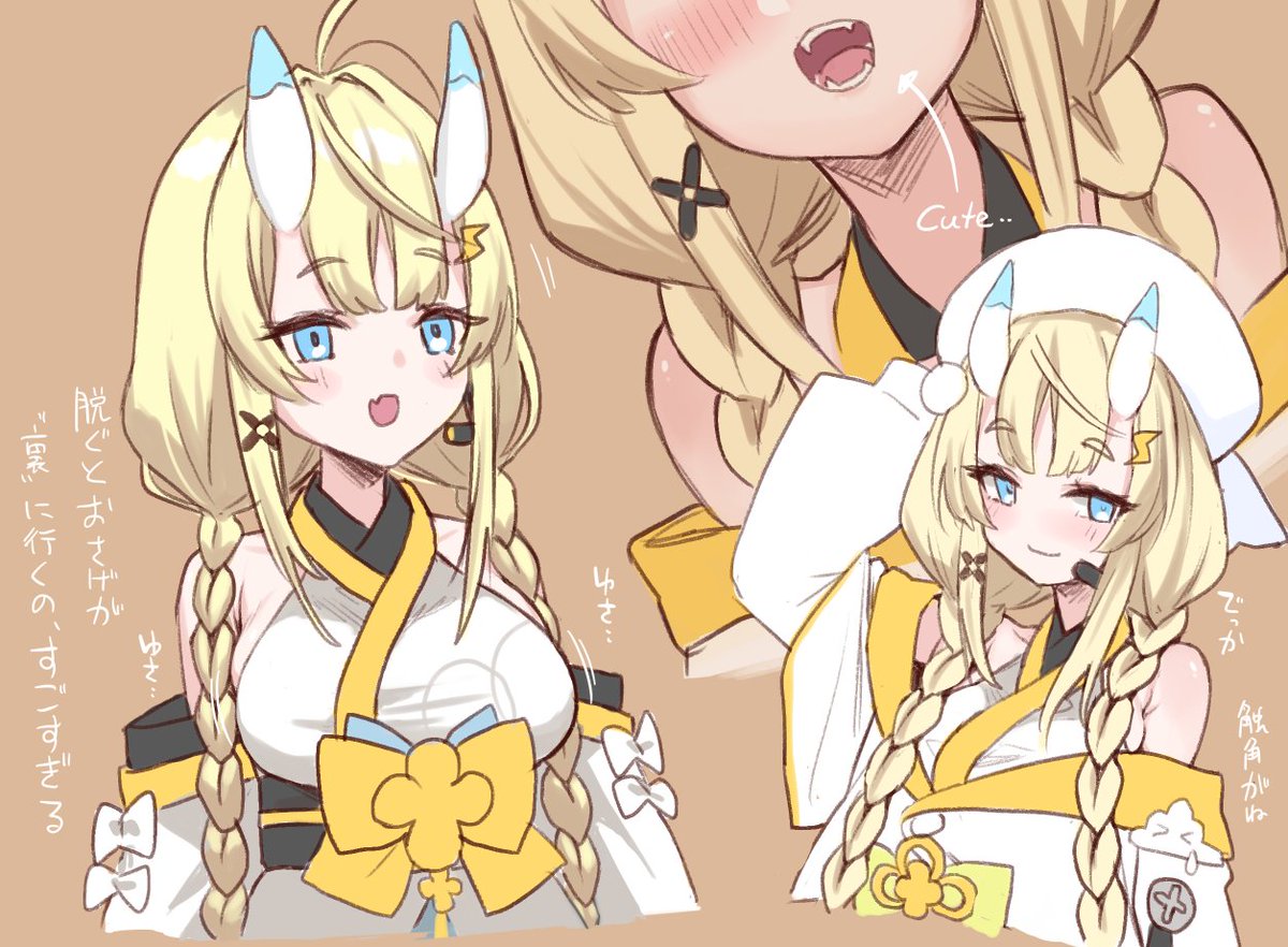 kadou mikaru, nijisanji, 1girl, ahoge, azaz pdding, bare shoulders, blonde hair, blue bow, blue eyes, blue horns, blush, bow, braid, breasts, brown background, closed mouth, cropped shoulders, cropped torso, detached sleeves, fang, fangs, flower knot, hair ornament, hair over breasts, hair over shoulder, hand on headwear, hat, headset, horns, jacket, japanese clothes, kimono, large breasts, lightning bolt, lightning bolt hair ornament, lightning bolt symbol, long sleeves, low twin braids, multicolored horns, multiple views, no headwear, obi, obi bow, obijime, off shoulder, open mouth, pom pom (clothes), pom pom hair ornament, puffy long sleeves, puffy sleeves, ribbon, sash, screw, sidelocks, simple background, skin fang, smile, twin braids, two-tone horns, virtual youtuber, white bow, white hat, white horns, white jacket, white kimono, x hair ornament, yellow bow, yellow ribbon, yellow trim