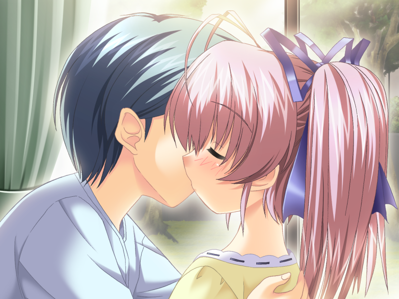 shikato miyo, kisaragi hane, kisaragi miyuki (hane-kun no yuuutsu), hane-kun no yuuutsu, game cg, 1boy, 1girl, black hair, blush, bow, brother and sister, closed eyes, curtains, hair bow, hand on another's back, hetero, hug, kiss, pink hair, siblings, twintails, window