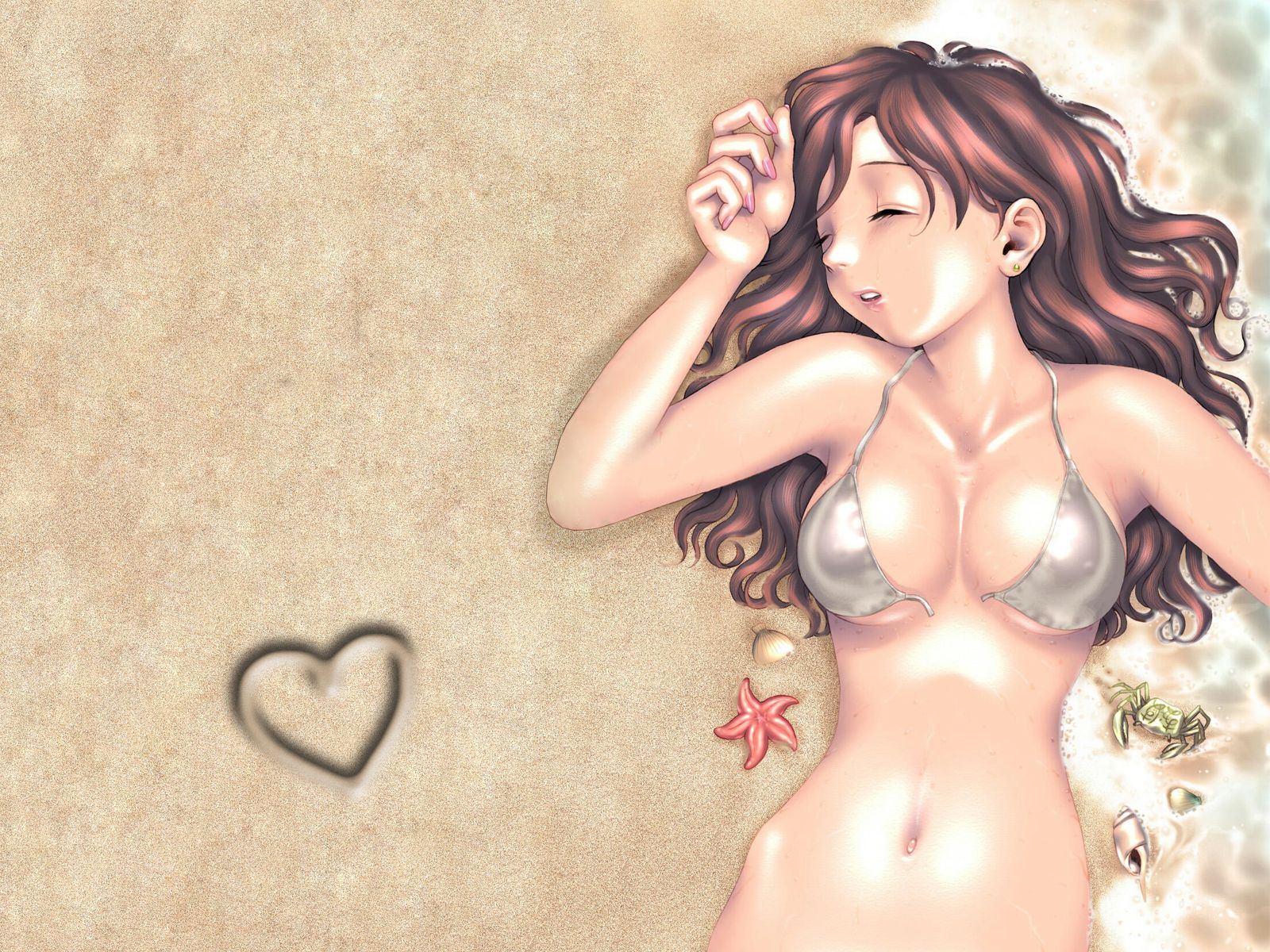 okano hajime, original, highres, 1girl, beach, bikini, bottomless, breasts, brown hair, closed eyes, crab, crustacean, curly hair, earrings, female focus, heart, jewelry, large breasts, lips, long hair, lying, nail polish, ocean, on back, pink nails, seashell, shell, solo, starfish, string bikini, swimsuit, unconscious, untied bikini, water, wet, white bikini