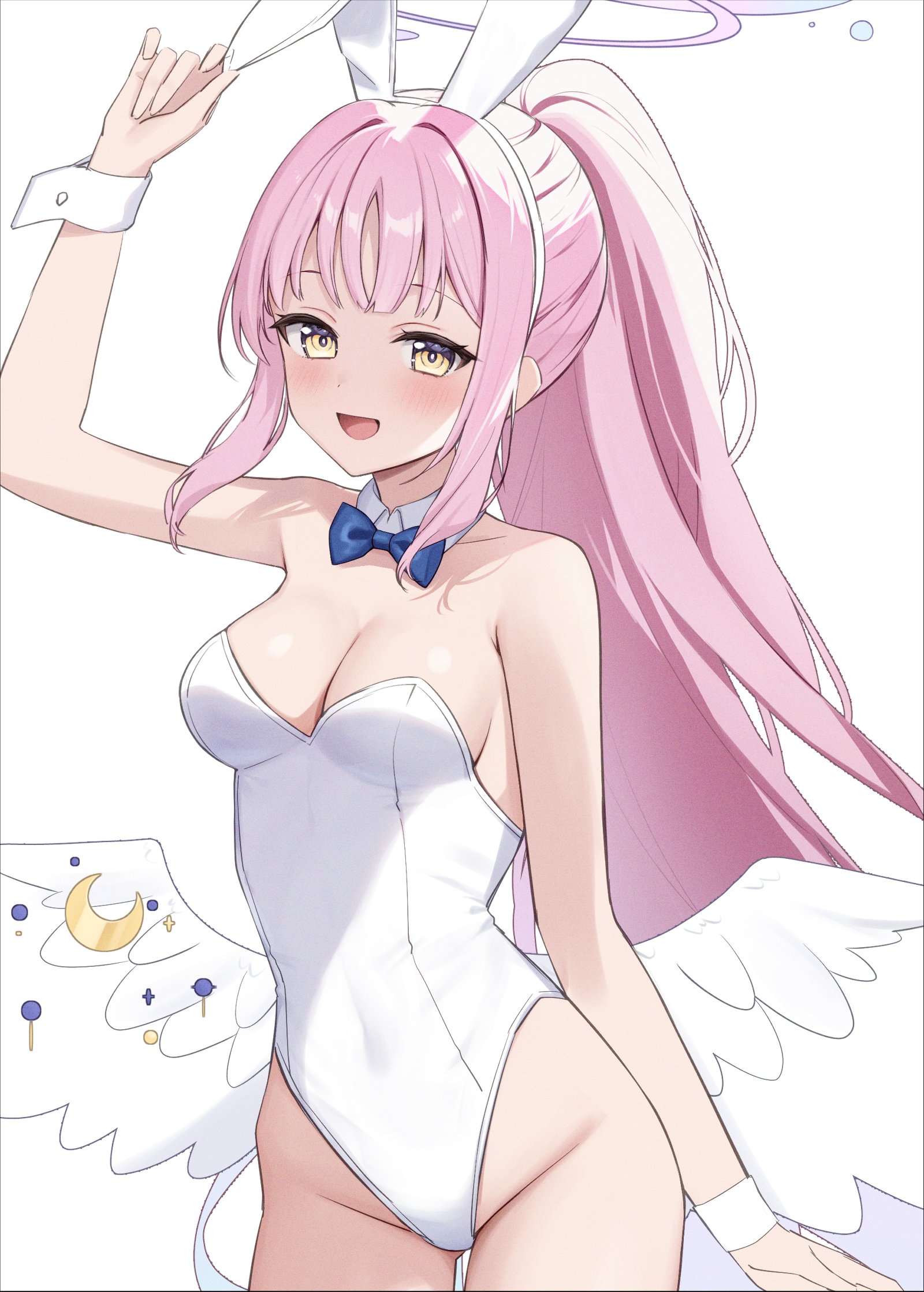 mochiko (uyu omochi), mika (blue archive), blue archive, commentary, highres, 1girl, :d, alternate costume, animal ear hairband, animal ears, arm up, bare shoulders, blue bow, blue bowtie, blush, bow, bowtie, breasts, cleavage, collar, covered navel, detached collar, fake animal ears, feathered wings, hairband, hand on own ear, high ponytail, highleg, highleg leotard, leotard, long hair, looking at viewer, low wings, medium breasts, open mouth, pink hair, playboy bunny, ponytail, rabbit ears, simple background, smile, solo, strapless, strapless leotard, very long hair, white background, white collar, white leotard, white wings, white wrist cuffs, wings, wrist cuffs, yellow eyes