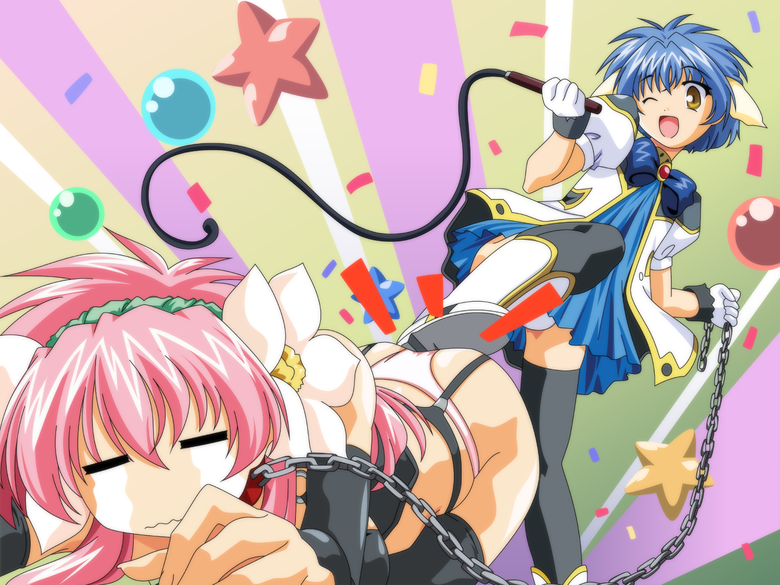 milfeulle sakuraba, mint blancmanche, broccoli (company), galaxy angel, highres, 00s, 2girls, animal ears, ass, bdsm, black thighhighs, blue hair, blue skirt, bondage, boots, bound, bow, chain, closed eyes, crying, cunt punt, dress, femdom, flower, garter belt, garter straps, gloves, hair flower, hair ornament, hairband, jacket, leg lift, multiple girls, one eye closed, open mouth, panties, pink hair, pink panties, prostration, skirt, smile, standing, stepped on, stepping, streaming tears, tears, thighhighs, thong, top-down bottom-up, underwear, whip, whipping, white panties, wink, yellow eyes, yuri