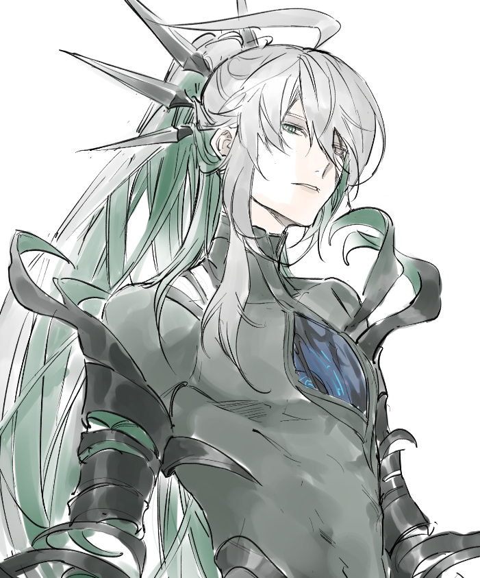 happy nr2, ainchase ishmael, herrscher (elsword), elsword, korean commentary, 1boy, black bodysuit, bodysuit, colored inner hair, cowlick, expressionless, green eyes, green hair, grey hair, hair ornament, hair over one eye, hair stick, high ponytail, hole in chest, hole on body, hollow body, long hair, long sleeves, looking at viewer, male focus, multicolored hair, parted lips, ponytail, ringed eyes, sidelocks, sideways glance, simple background, solo, turtleneck, unraveling, upper body, white background