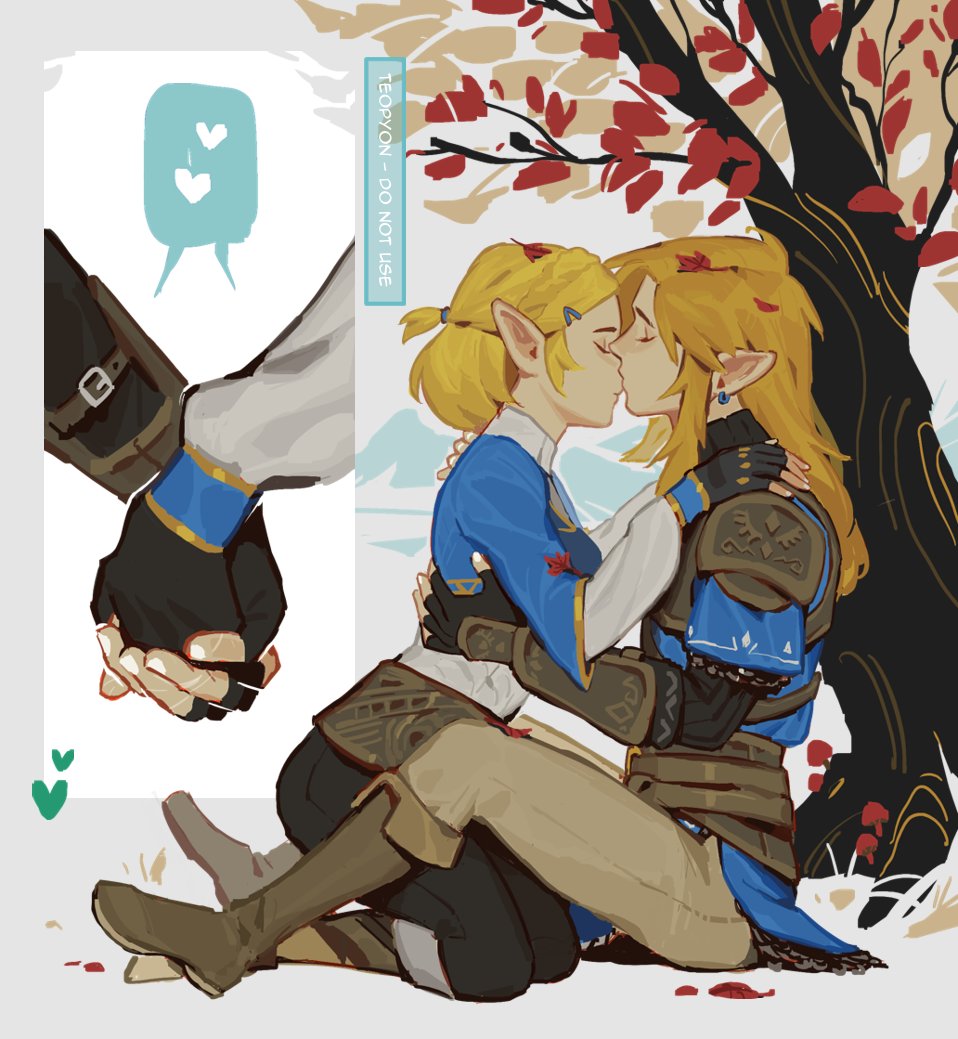 pyonteo, link, princess zelda, nintendo, the legend of zelda, the legend of zelda: breath of the wild, the legend of zelda: tears of the kingdom, armor, artist name, black gloves, black pants, blonde hair, blue shirt, blue tunic, boots, brown boots, closed eyes, earrings, fingerless gloves, full body, gloves, grey pants, hair ornament, hair tie, hairclip, half updo, hands on another's shoulders, heart, holding hands, imminent kiss, jewelry, kneeling, leaf, leaf on head, long hair, pants, ponytail, shirt, short hair, short ponytail, shoulder armor, sitting, spoken heart, tree, tunic, under tree