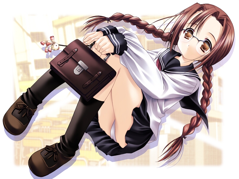 bag, black socks, braid, brown eyes, brown hair, glasses, miniskirt, panties, pantyshot, pleated skirt, school bag, school uniform, serafuku, shoes, sitting, skirt, socks, solo, twin braids, underwear, white panties