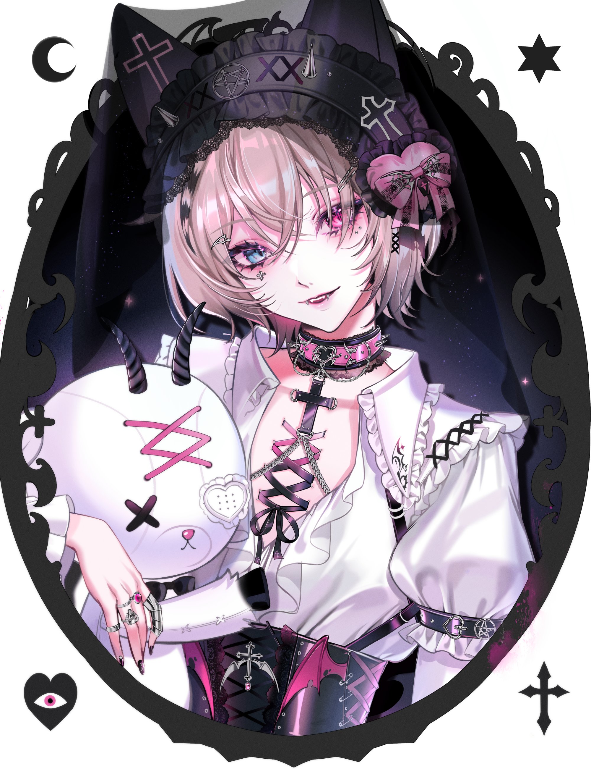 saga666, original, absurdres, highres, 1girl, black headdress, black nails, blue eyes, brown hair, choker, corset piercing, crescent, cross, fingernails, frilled shirt, frills, hair between eyes, headdress, heart, heart o-ring, heart ring choker, heterochromia, holding, holding stuffed toy, jewelry, long sleeves, looking at viewer, mirror, multiple rings, nail polish, o-ring, o-ring choker, parted lips, pink choker, pink eyes, ring, shirt, short hair, smile, solo, star (symbol), stuffed toy, upper body, white shirt