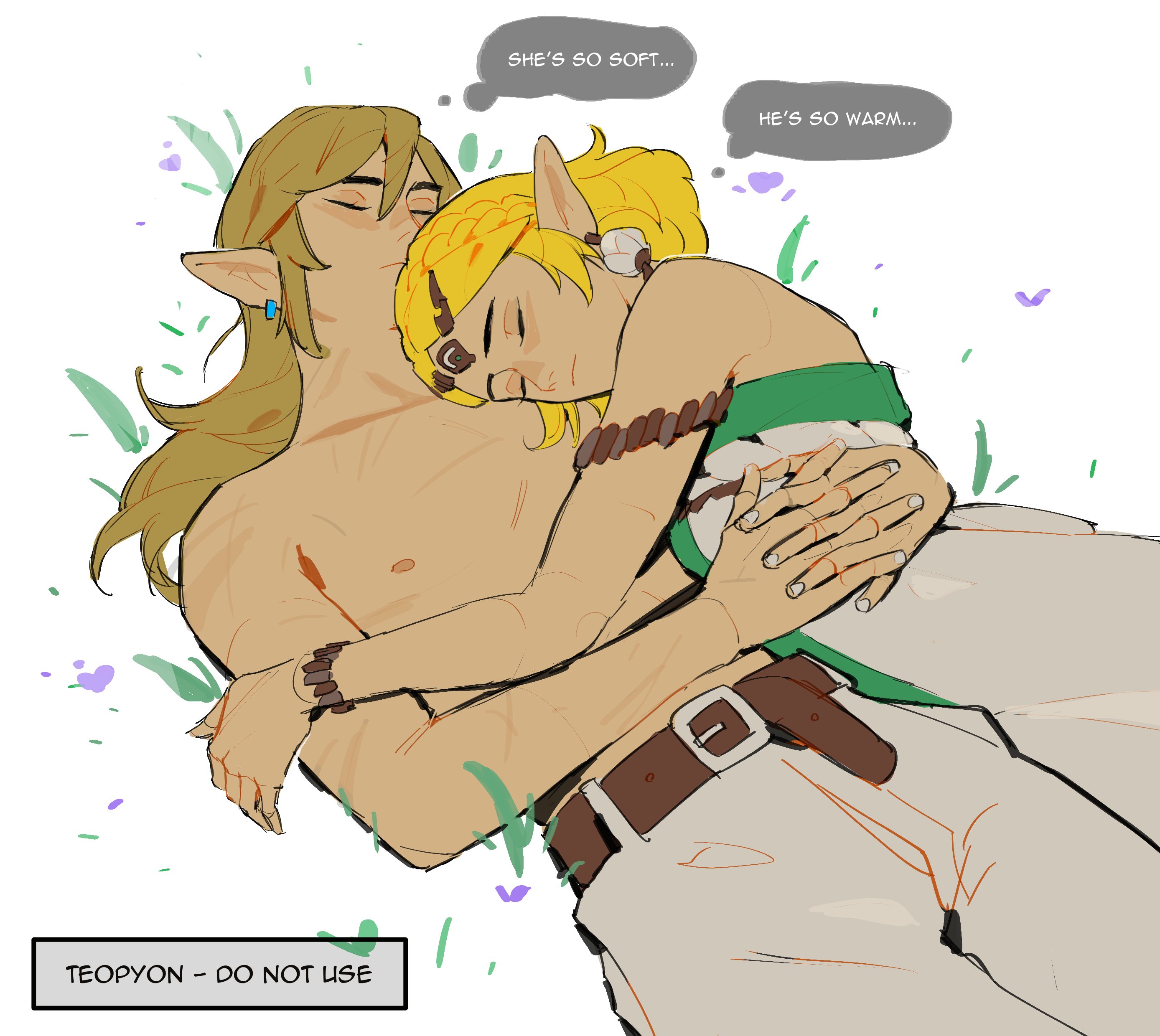 pyonteo, link, princess zelda, nintendo, the legend of zelda, the legend of zelda: tears of the kingdom, absurdres, highres, 1boy, 1girl, armlet, artist name, bare shoulders, belt, blonde hair, bracelet, braid, breasts, brown belt, circlet, closed eyes, crown braid, dress, earrings, english text, hair between eyes, hug, interlocked fingers, jewelry, long hair, medium breasts, pants, parted bangs, pointy ears, scar, scar on arm, scar on chest, short hair, sidelocks, strapless, strapless dress, topless male, upper body, white dress, white pants