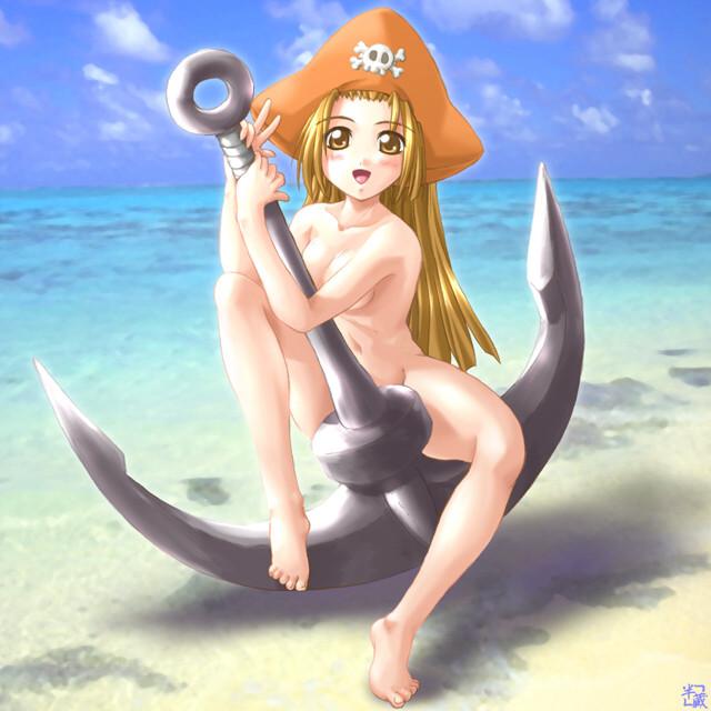 kagehara hanzou, may (guilty gear), arc system works, guilty gear, 1girl, anchor, barefoot, beach, breasts, brown eyes, brown hair, censored, cloud, completely nude, convenient censoring, day, feet, female focus, full body, hat, looking at viewer, medium breasts, nude, orange hat, outdoors, pirate, pirate hat, skull and crossbones, sky, solo, water