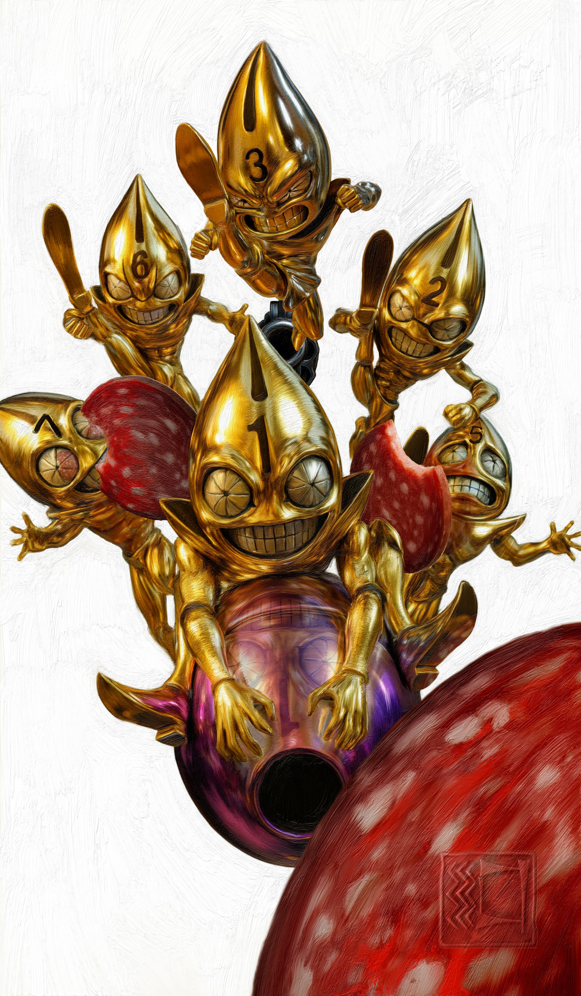 whitehogiii, salami, sex pistols (stand), jojo no kimyou na bouken, vento aureo, absurdres, highres, painting (medium), traditional media, 6+others, bullet, clenched teeth, food, gold skin, gun, handgun, meat, multiple others, no humans, numbered, reflection, revolver, sausage, teeth, watermark, weapon, white background