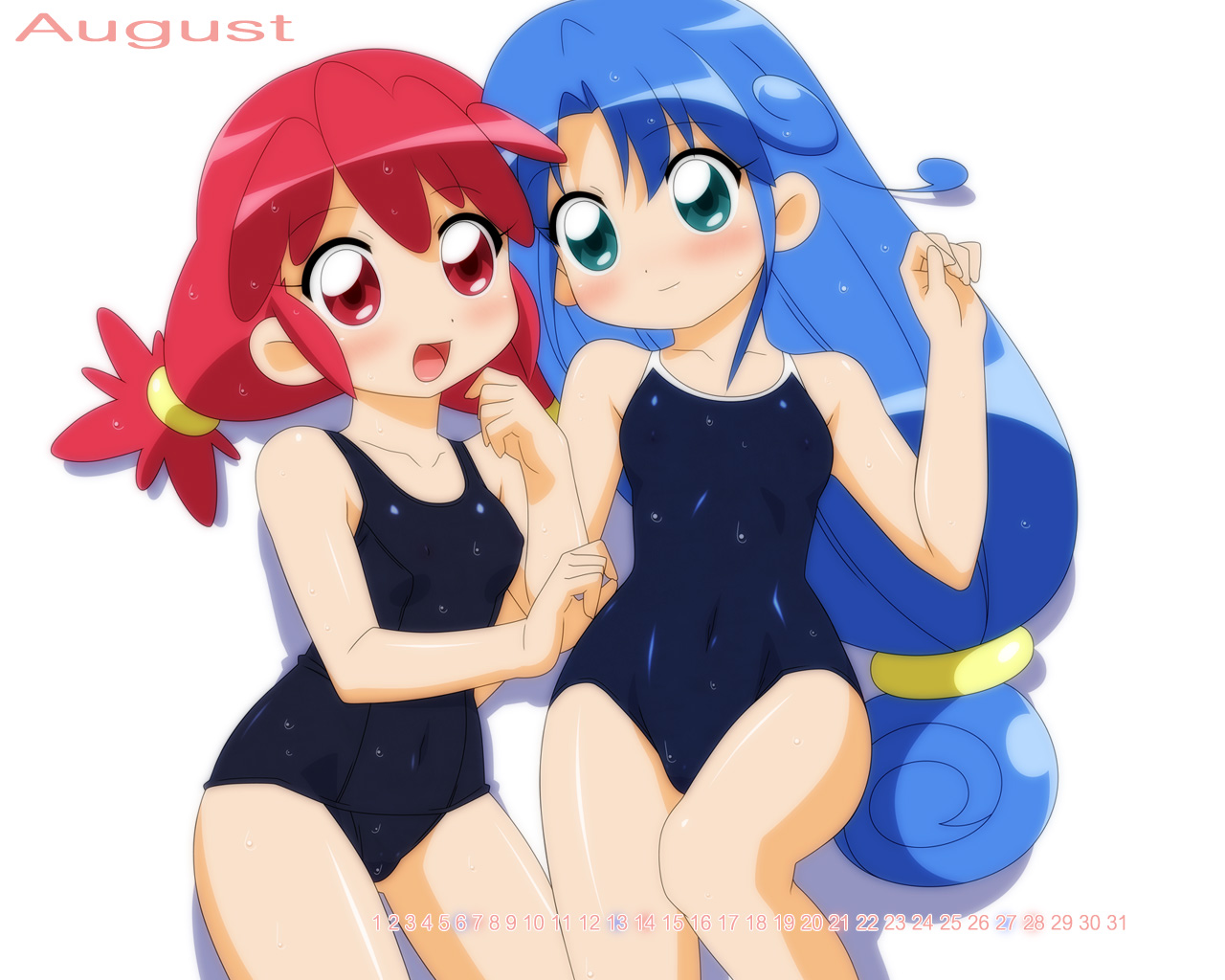 reine (reineko6), sugimura tomokazu, fine (futagohime), rein (futagohime), fushigiboshi no futago hime, 00s, 2girls, competition school swimsuit, covered navel, long hair, low-tied long hair, multiple girls, old school swimsuit, one-piece swimsuit, purple hair, red hair, school swimsuit, swimsuit