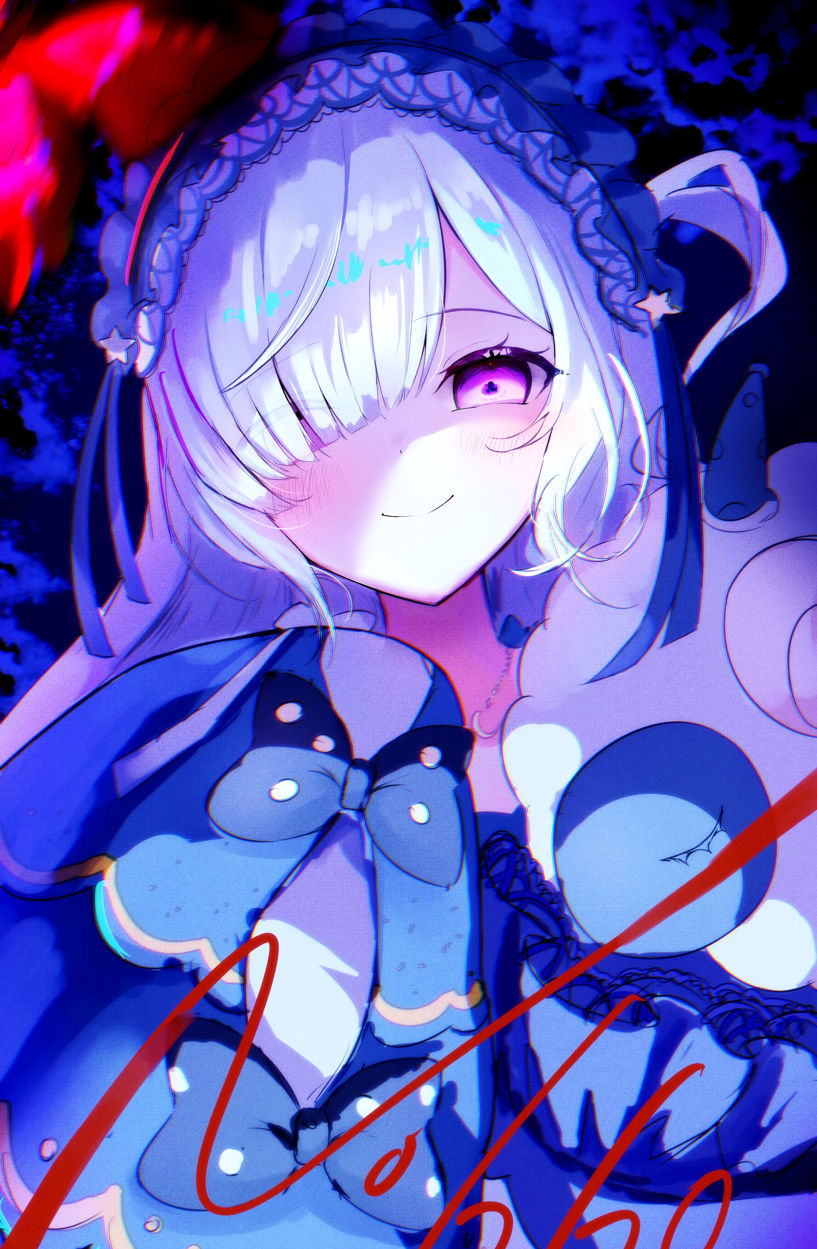 white garand, natsume anan, mahou shoujo no majo saiban, absurdres, highres, 1girl, bug, butterfly, glowing, glowing eyes, gothic lolita, hair over one eye, hairband, insect, jewelry, lolita fashion, lolita hairband, looking at viewer, magical girl, necklace, purple eyes, sleeves past wrists, smile, solo, stuffed animal, stuffed sheep, stuffed toy, tied sleeves, white hair