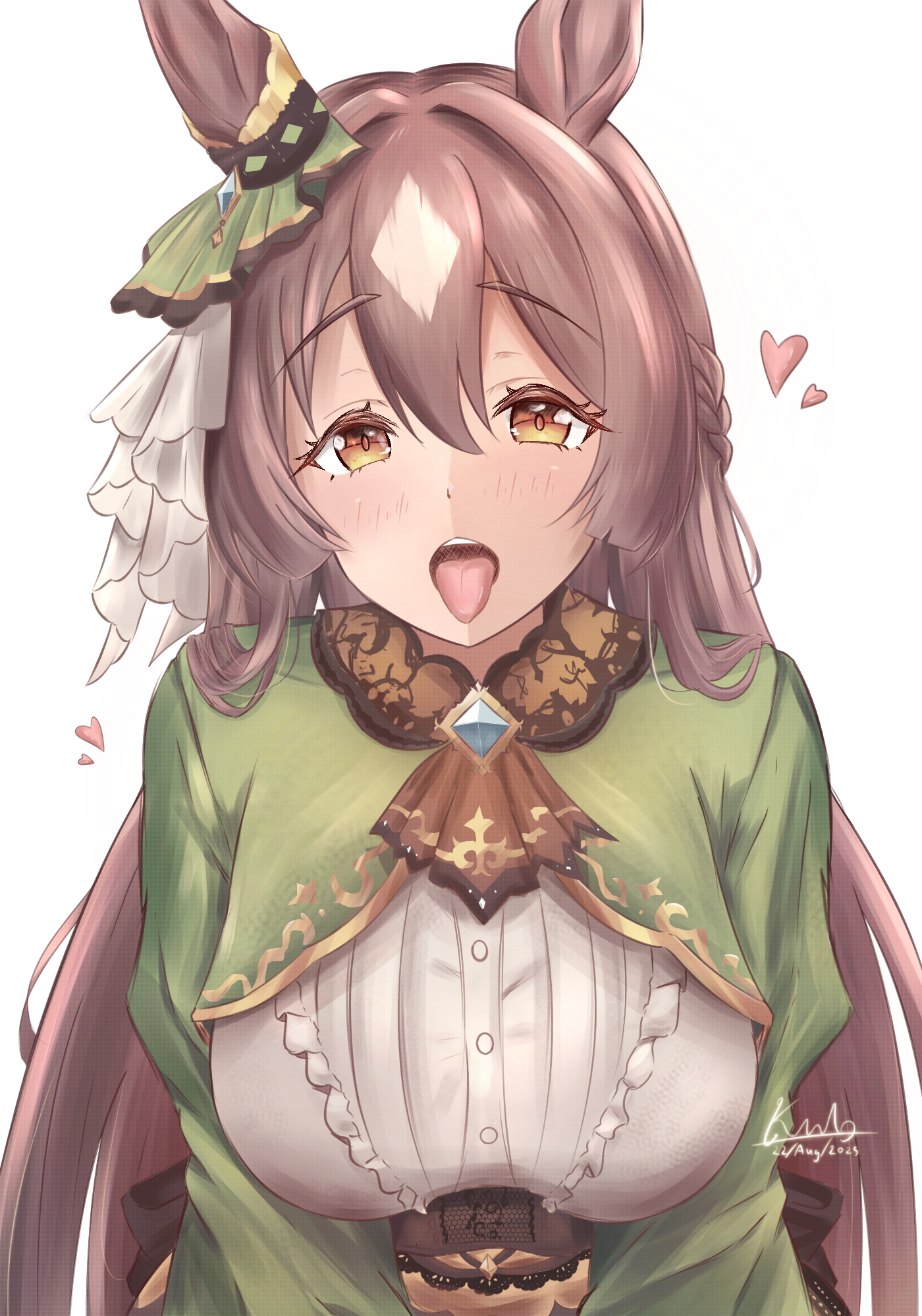 quyyaq, satono diamond (umamusume), umamusume, highres, 1girl, animal ears, ascot, blush, bow, braid, breasts, brown ascot, brown eyes, brown hair, double-parted bangs, dress, ear ornament, ear ribbon, green jacket, hair between eyes, half up braid, heart, horse ears, horse girl, jacket, large breasts, long hair, long sleeves, looking at viewer, multicolored hair, open mouth, solo, streaked hair, teeth, tongue, tongue out, upper body, upper teeth only, very long hair, white dress