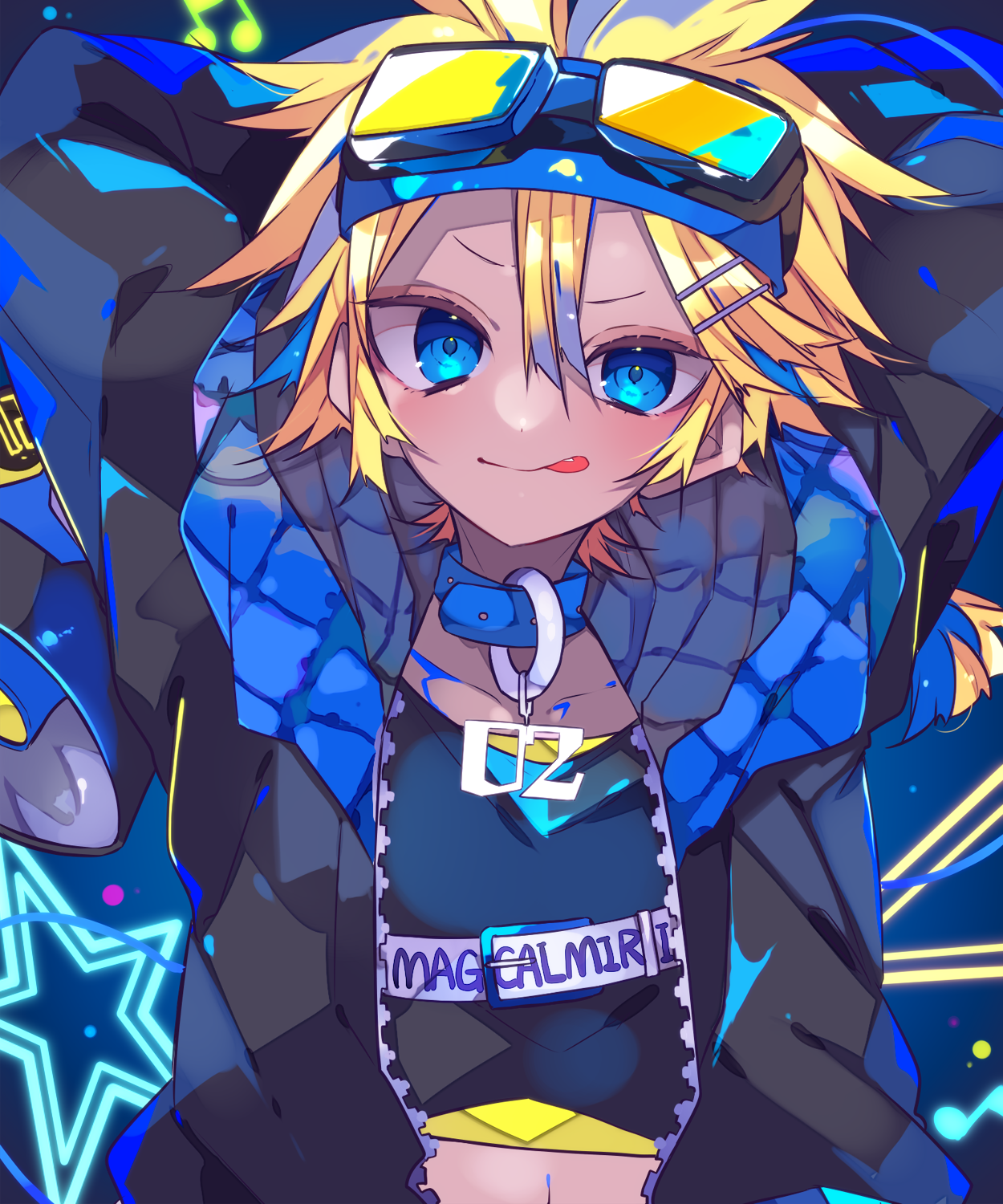 kaho 0102, kagamine len, vocaloid, commentary request, highres, 1boy, :p, arms behind head, black jacket, blonde hair, blue background, blue collar, blue eyes, blue shirt, closed mouth, collar, double-parted bangs, goggles, goggles on head, hair between eyes, jacket, long sleeves, looking at viewer, male focus, navel, open clothes, open jacket, shirt, short hair, smile, solo, tongue, tongue out, upper body