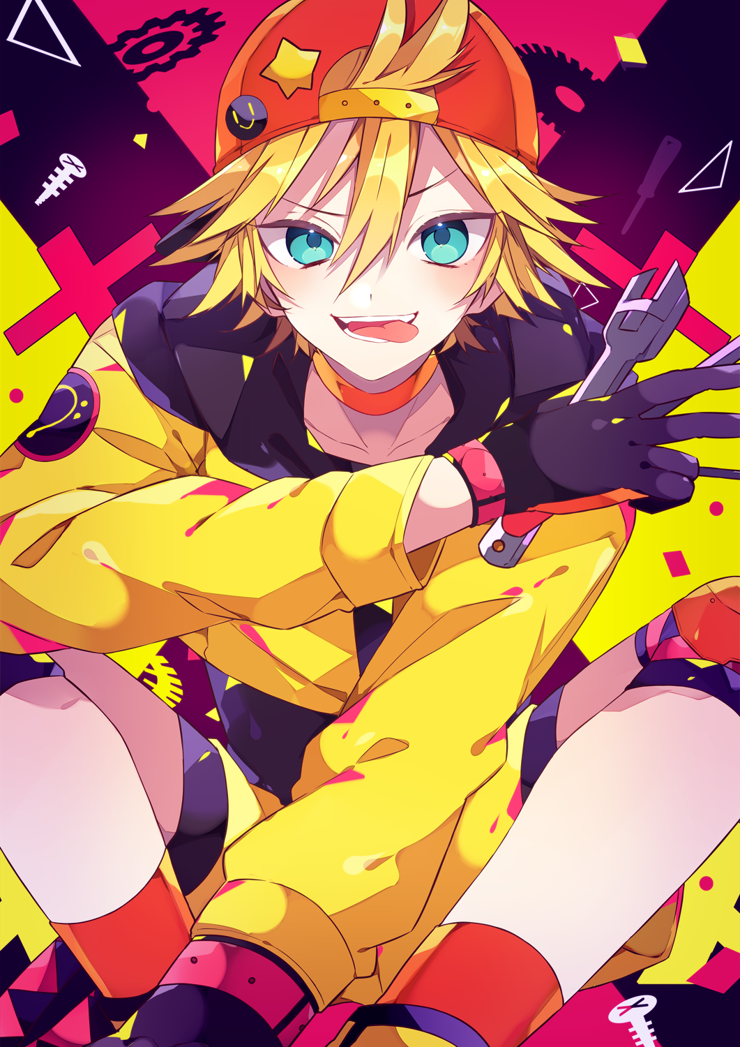 kaho 0102, kagamine len, magical mirai len, magical mirai len (2023), magical mirai (vocaloid), vocaloid, commentary request, highres, 1boy, :d, backwards hat, black gloves, blonde hair, blue eyes, choker, collarbone, double-parted bangs, feet out of frame, gloves, hair between eyes, hat, holding, holding wrench, jacket, long sleeves, looking at viewer, male focus, open mouth, orange choker, orange hat, red socks, short hair, shorts, sitting, smile, socks, solo, tongue, tongue out, wrench, yellow jacket, yellow shorts