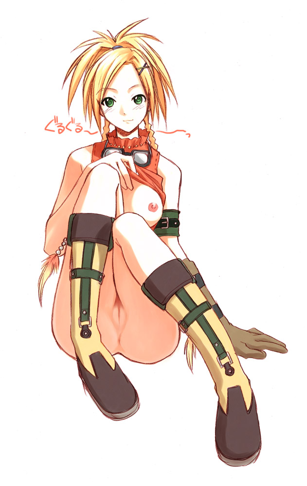 akamatsu ken, magi (cu-little2), rikku (ff10), final fantasy, final fantasy x, 00s, 1girl, @ @, anus, ass, blonde hair, breasts, clothes lift, female focus, gloves, goggles, green eyes, hair ornament, hairclip, long hair, nipples, no panties, nude, pussy, shirt lift, socks, solo, uncensored, x hair ornament